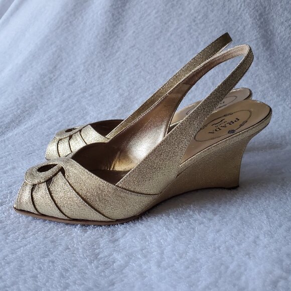 Prada Gold Metallic Peep-toe Slingback Wedge Sandals - Picture 3 of 7